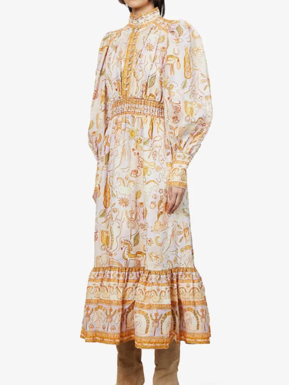 Alemais Solitaire Linen Midi Dress in Watercolor Floral Romantic Whimsical